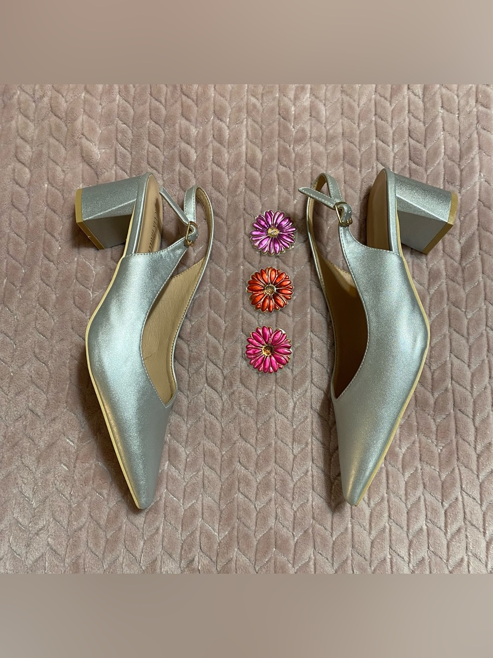 Silver Sling back Pointed-Toe Low Heel Size 9.5 Frank Mully - Picture 2 of 8